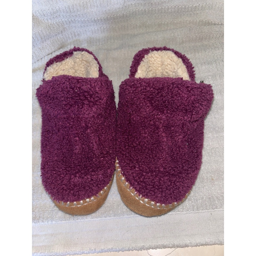 LL Bean Fleece Slippers Kids 12-13 Purple Moccasin Suede Sole Cozy